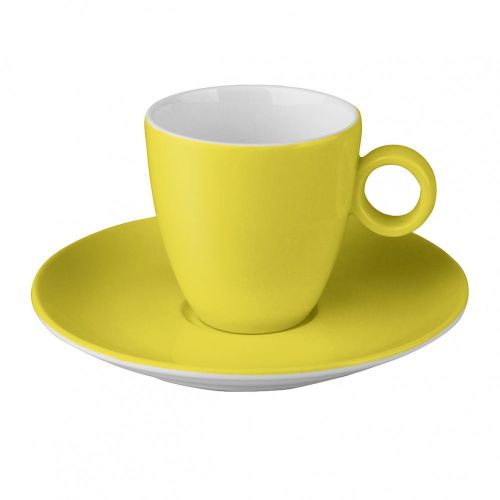 Gelbe Kaffeetasse und Untertasse aus der Bart Serie mit Druckoption